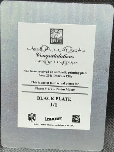 RAHIM MOORE 2011 Panini Donruss Elite RC PRINTING PLATE SP #1/1 Broncos One of