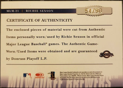 RICHIE SEXSON 2005 Donruss Prime Patches Triple Jersey PATCH SP #/90 Brewers