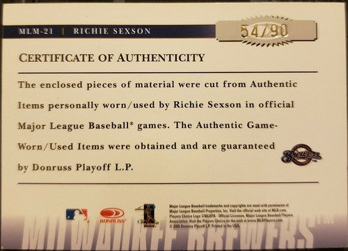 RICHIE SEXSON 2005 Donruss Prime Patches Triple Jersey PATCH SP #/90 Brewers