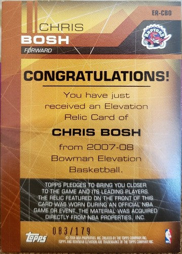 CHRIS BOSH 2007-08 Bowman Elevation Relics Game Used Worn Jersey SP /179 Raptors