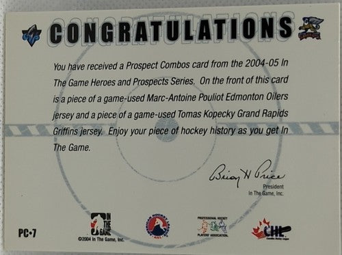 Tomas KOPECKY Marc-Antoine POULIOT 2004-05 ITG DUAL Game Used Jersey PATCH #1/1