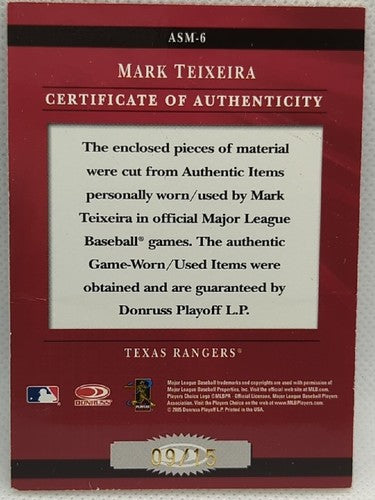 MARK TEIXEIRA 2005 Donruss Prime Patches All-Star DUAL Game Used Worn Jersey /15