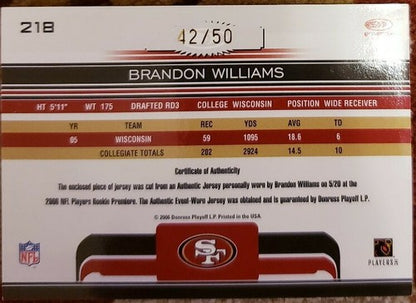 BRANDON WILLIAMS 2006 Gridiron Gear Dual AUTO Autograph Jersey PATCH #/50 49ers