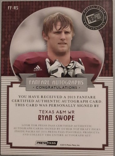 RYAN SWOPE 2013 Press Pass FanFare Red Ink AUTO SP Gig em! INSCRIPTION Texas A&M