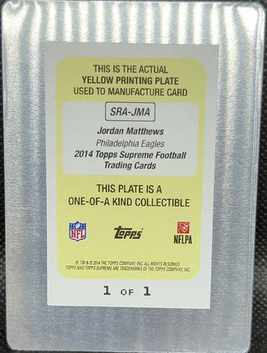 JORDAN MATTHEWS 2014 Topps Supreme RC AUTO PRINTING PLATE SP #1/1 Eagles One of