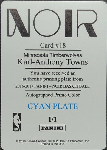 KARL-ANTHONY TOWNS 2016-17 Panini Noir PRINTING PLATE SP #1/1 of T-Wolves Knicks