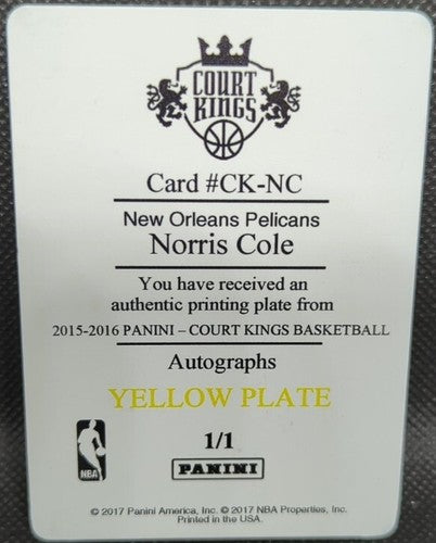 NORRIS COLE 2015-16 Panini Court Kings Autographs PRINTING PLATE 1/1 Pelicans of