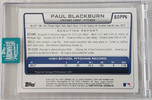 PAUL BLACKBURN 2024 Topps Archives 2012 1st Bowman AUTO SP /9 Athletics A's Cubs