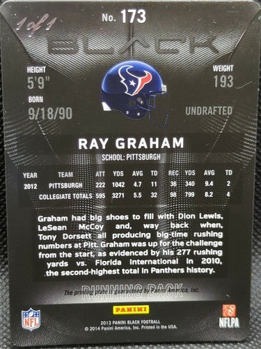 RAY GRAHAM 2013 Panini Black RC PRINTING PLATE SP #1/1 Texans Steelers One of