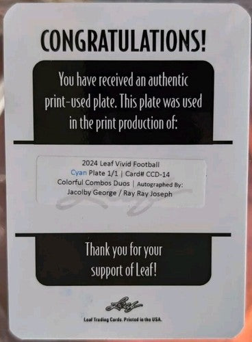 Jacolby GEORGE Ray Ray JOSEPH 2024 Leaf Vivid DUAL AUTO PRINTING PLATE 1/1 Miami
