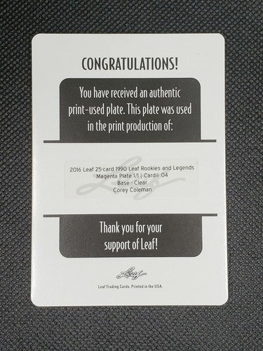 COREY COLEMAN 2016 Leaf 1990 Rookies Legends Clear RC PRINTING PLATE #1/1 Browns