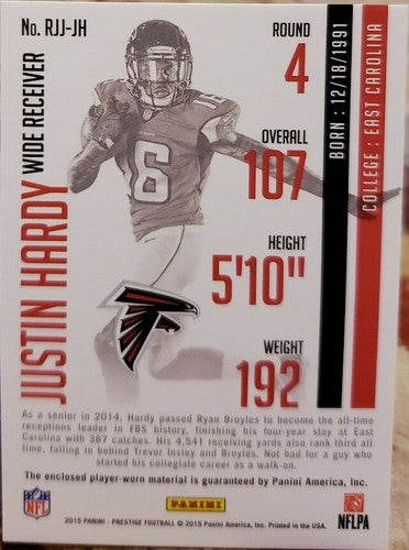 JUSTIN HARDY 2015 Panini Prestige Rookie JUMBO Jersey Number PATCH Red Falcons