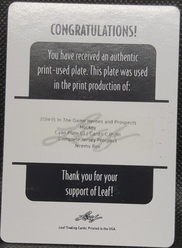 JEREMY ROY 2014-15 Leaf ITG Heroes & Prospects PRINTING PLATE #1/1 Sharks One of
