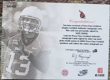 NATE DAVIS 2009 Press Pass Rookie AUTO Autograph Go Cards Inscription /25 49ers