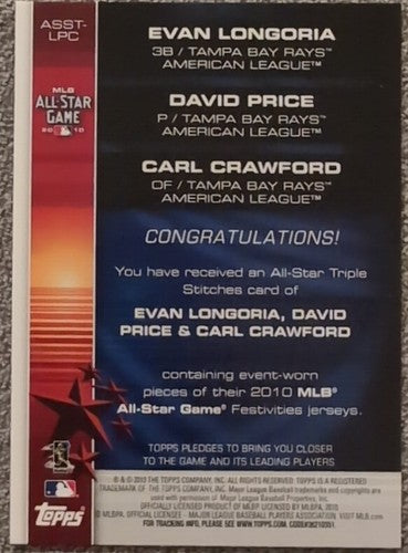 Evan LONGORIA David PRICE Carl CRAWFORD 2010 Topps TRIPLE ALL-STAR JERSEY SP /25