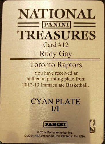 RUDY GAY 2012-13 Panini Immaculate PRINTING PLATE 1/1 Raptors National Treasures