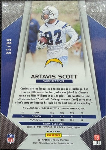 â¡ ARTAVIS SCOTT 2017 Panini Prizm RC AUTO Green Scope Variant SP /99 SD Chargers