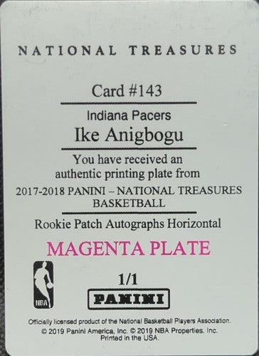IKE ANIGBOGU 2017-18 Panini National Treasures PRINTING PLATE #1/1 Pacers One of