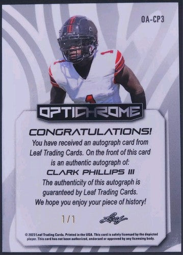 CLARK PHILLIPS III 2023 Leaf Optichrome RC AUTO RAINBOW CRYSTALS SP #1/1 Falcons