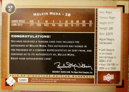 MELVIN MORA 2012 Upper Deck SP Signature Edition AUTO #AZ6 Diamondbacks Orioles