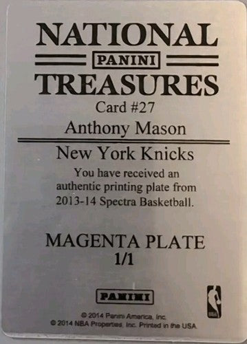 ANTHONY MASON 2013-14 Panini Spectra Threads PRINTING PLATE SP #1/1 NY Knicks of