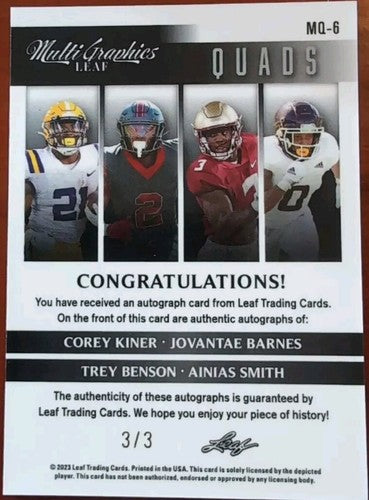 Trey BENSON Ainias SMITH Corey KINER BARNES 2023 Leaf Eclectic QUAD AUTO SP #3/3