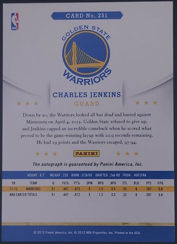 CHARLES JENKINS 2012-13 Panini NBA Hoops Basketball AUTO SP Warriors 76ers #251