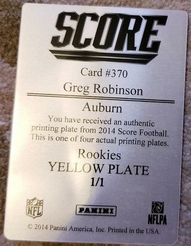 GREG ROBINSON 2014 Panini Score Rookies PRINTING PLATE SP #1/1 of 1 Rams Auburn