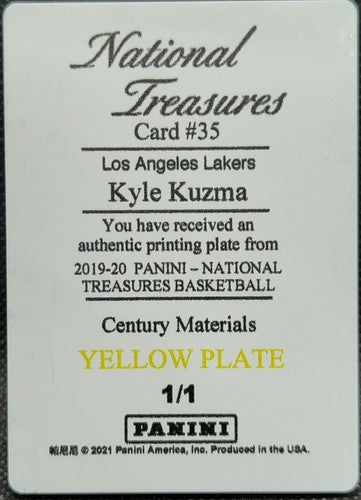 KYLE KUZMA 2019-20 Panini National Treasures PRINTING PLATE SP 1/1 Lakers One of