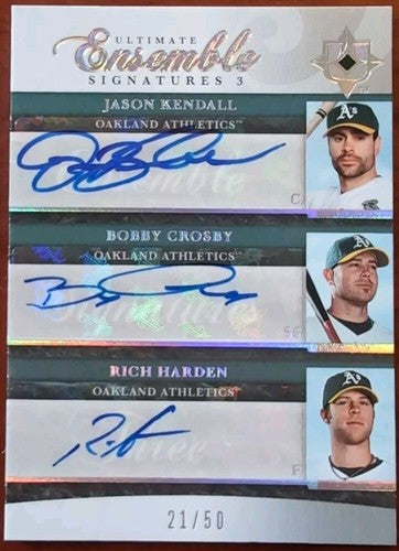 Jason KENDALL Rich HARDEN Bobby CROSBY 2006 Ultimate TRIPLE AUTO /50 Oakland A's
