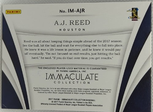 A. J. REED 2017 Panini Immaculate 5 Game Used Jersey Logo PATCH SP /99 Astros AJ