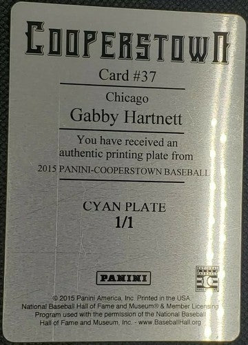 GABBY HARTNETT 2015 Panini Cooperstown PRINTING PLATE SP 1/1 Chicago Cubs One of