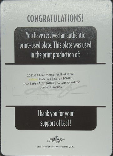 JORDAN HAWKINS 2021-22 Leaf Memories 1992 RC AUTO PRINTING PLATE SP #1/1 One of