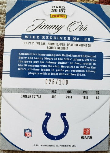 JIMMY ORR 2012 Panini Certified Immortals Legend Mirror BLUE /100 Colts Steelers