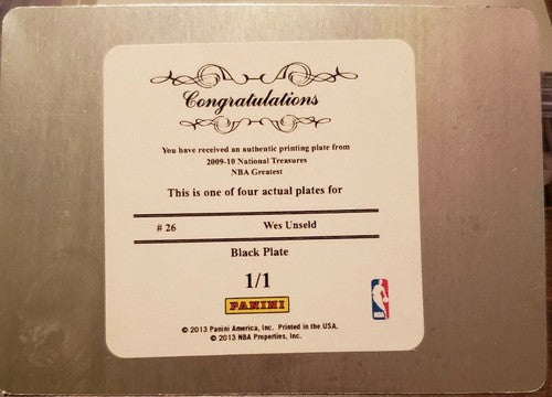 WES UNSELD 2012-13 National Treasures PRINTING PLATE SP #1/1 of 2009-10 Bullets