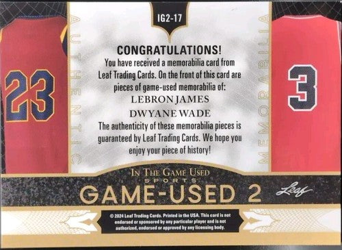 LeBron JAMES Dwyane WADE 2024 In The Game Used DUAL JERSEY PATCH /45 Heat Lakers