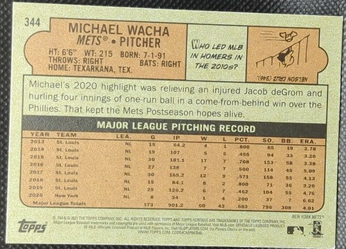 MICHAEL WACHA 2021 Topps Transcendent VIP PARTY Heritage SP #1/1 NY Mets One of