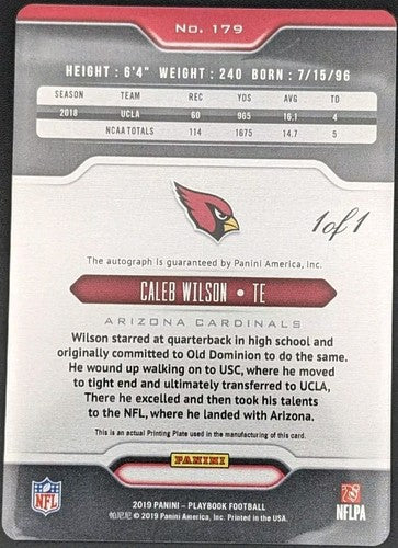 CALEB WILSON 2019 Panini Playbook RC AUTO PRINTING PLATE SP #1/1 Cardinals #179