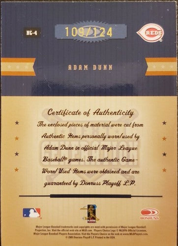 ADAM DUNN 2005 Donruss Prime Patches Quad Game Used Bat Hat Jersey PATCH SP Reds