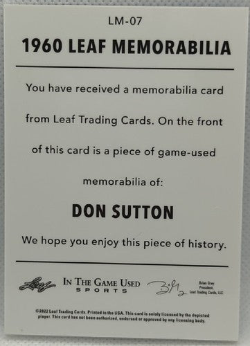 DON SUTTON 2022 Leaf In The Game Used Sports 1960 Jersey Patch BLUE #1/5 Dodgers