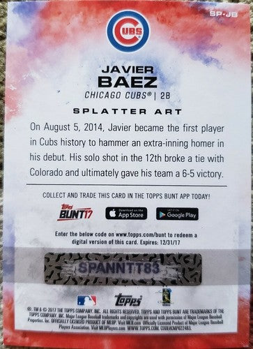 JAVIER BAEZ 2017 Topps Bunt Physical Splatter Art #/99 Redemption Chicago Cubs