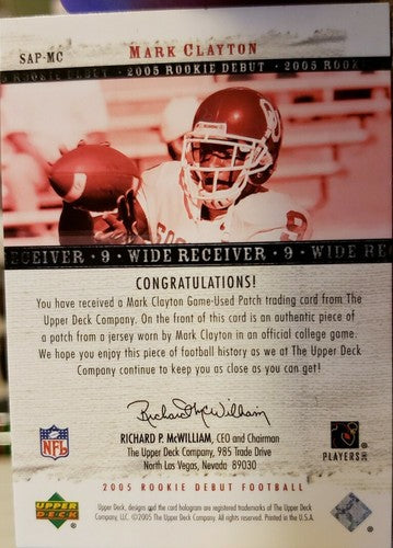 MARK CLAYTON 2005 UD Rookie Debut Game Used Worn Jersey PATCH SP #/50 Ravens RC