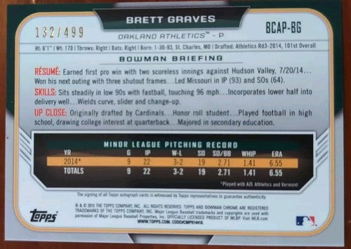 BRETT GRAVES 2015 Bowman Chrome Prospect AUTO Refractor #/499 Athletics Marlins