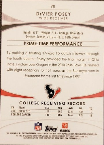 DeVier Posey 2012 Topps Prime Football RC AUTO #/286 Houston Texans Jets Broncos