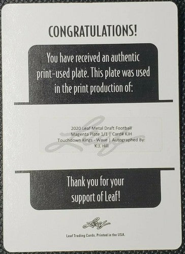 K.J. HILL 2020 Leaf Metal Draft TD Kings RC AUTO PRINTING PLATE #1/1 Chargers KJ