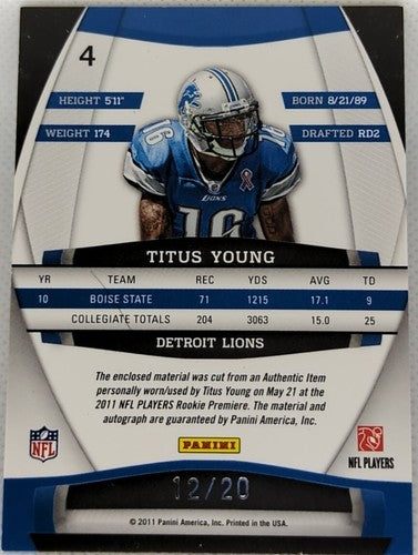 TITUS YOUNG 2011 Panini Gridiron Gear AUTO TRIPLE PATCH Jersey LAUNDRY TAG Lions