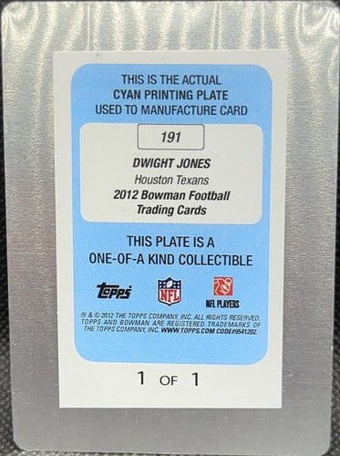 DWIGHT JONES 2012 Topps Bowman RC PRINTING PLATE #1/1 Houston Texans Jets One of