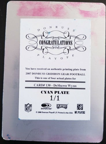 DeShawn Wynn 2007 Donruss Gridiron Gear Rookie PRINTING PLATE #1/1 of 1 Packers