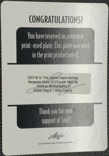Eddie SHORE King CLANCY 2017-18 In the Game Used DUAL PRINTING PLATE #1/1 Bruins