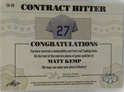 MATT KEMP 2022 Leaf Lumber Contract Hitter DUAL Game Used BAT BLUE SP /4 Dodgers